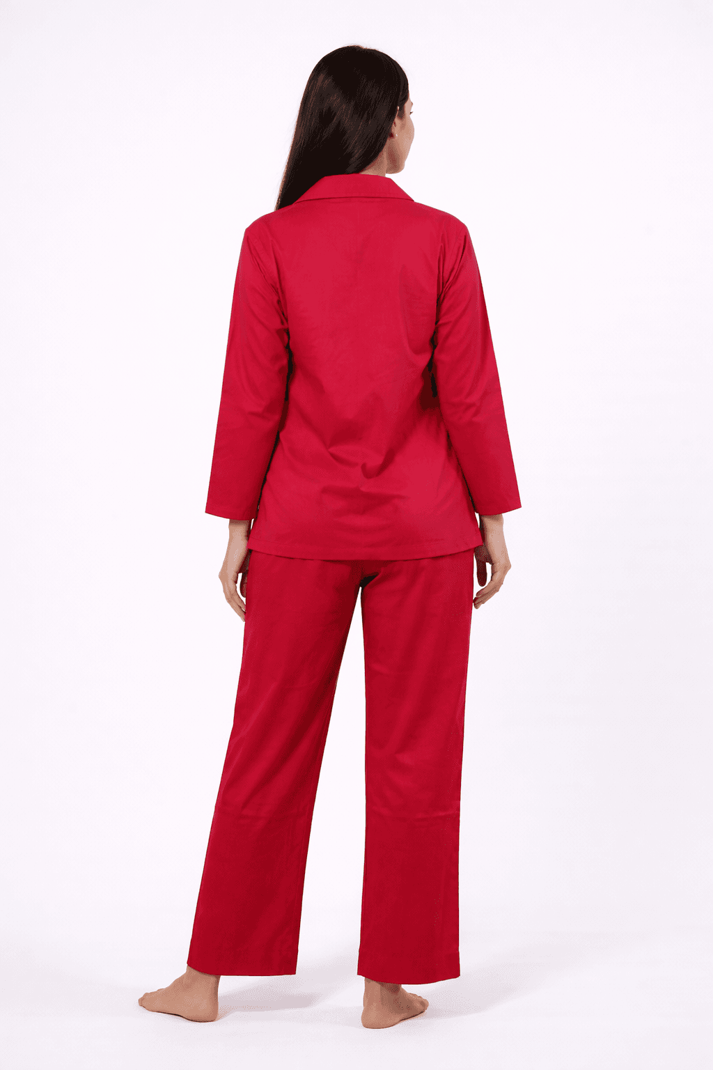 Women’s Solid Hot Pink Cotton Night Suit Set | Full Sleeve Shirt & Relaxed Fit Pajama Set