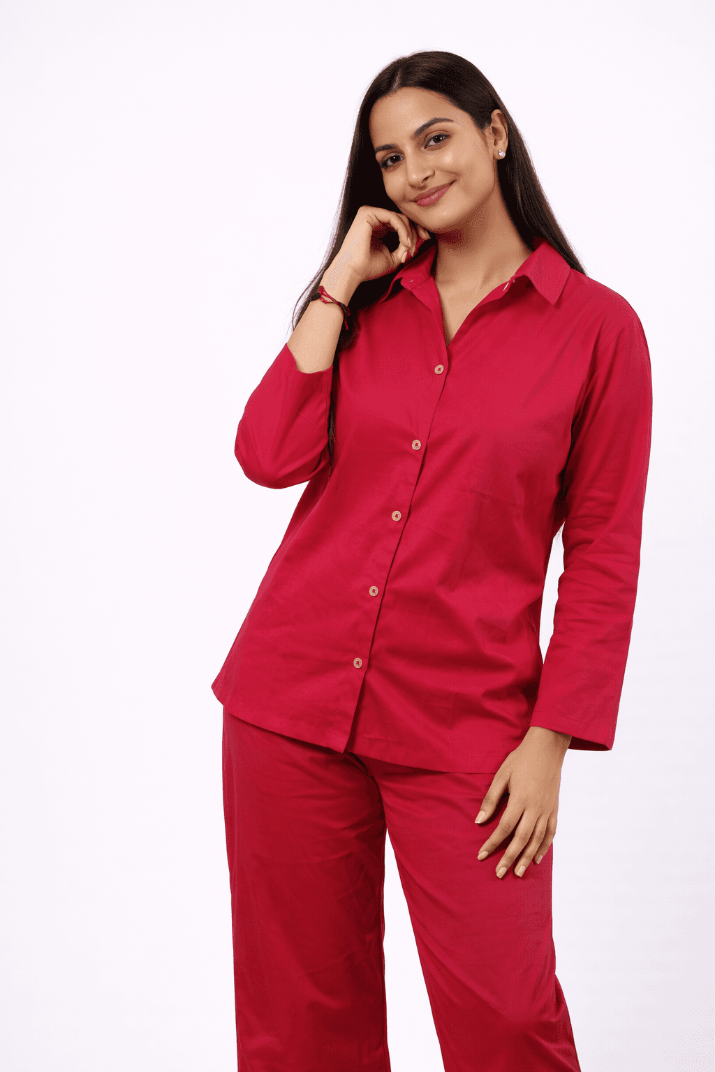 Women’s Solid Hot Pink Cotton Night Suit Set | Full Sleeve Shirt & Relaxed Fit Pajama Set alt