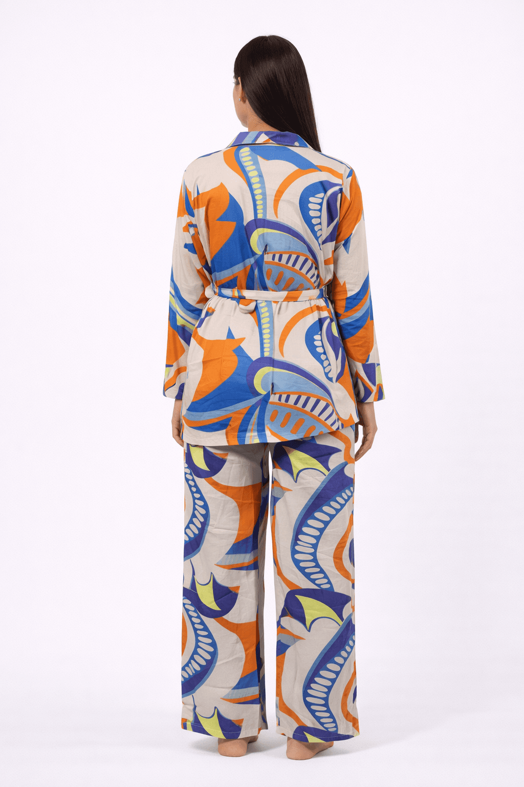 Women’s Abstract Printed Cotton Co-ord Set | Full Sleeve Shirt Top with Waist Tie-Up & Relaxed Fit Pants