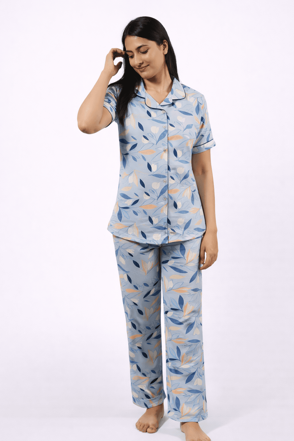 Women’s Floral Printed Cotton Night Suit Set | Half Sleeve Button-Down Shirt & Relaxed Fit Pajama